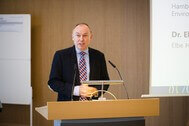 State Secretary Michael Pollmann, Hamburg Ministry of Environment and Energy, gives a speech in front of a wide audience